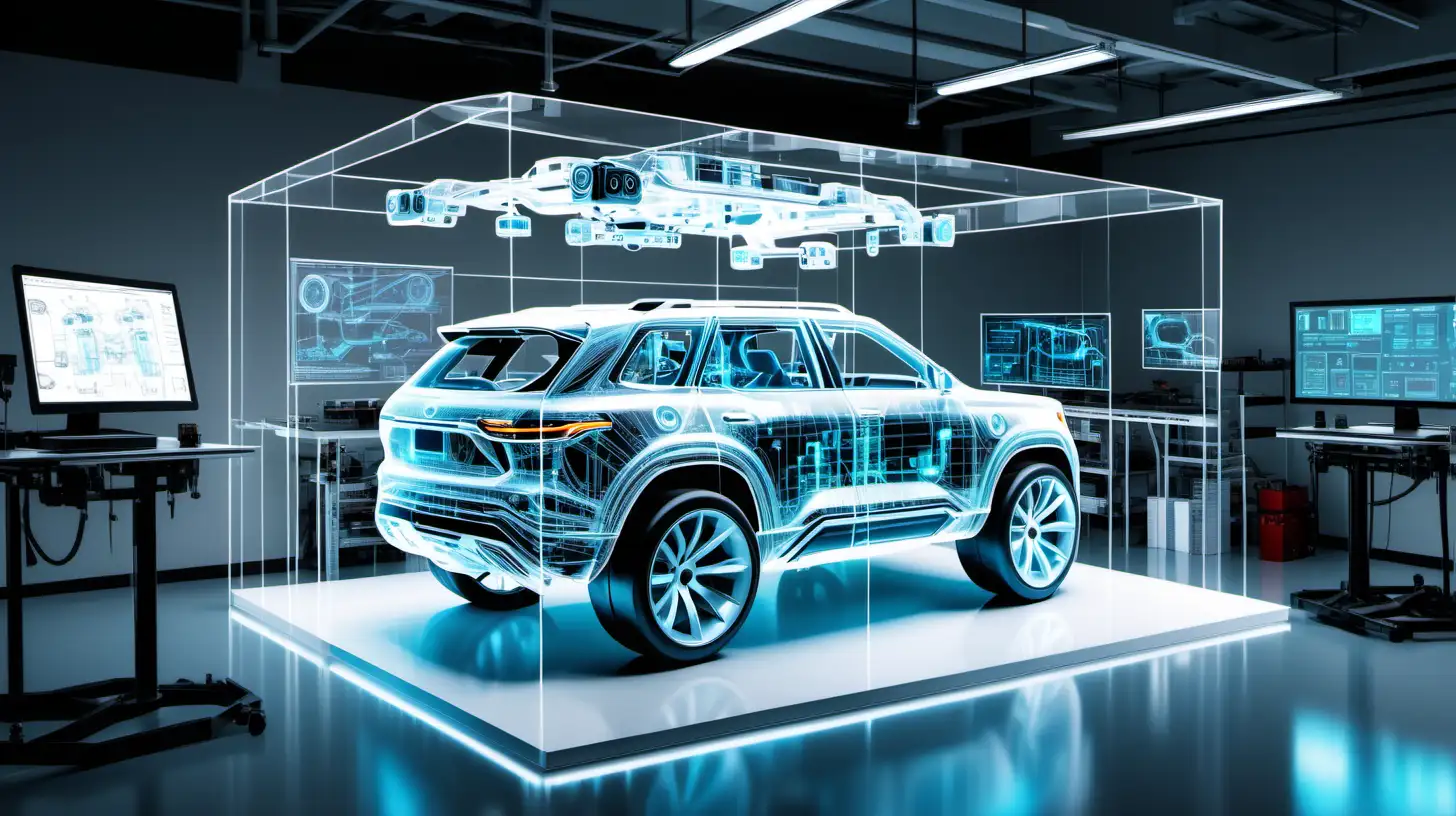 "A highly detailed digital art rendition of a transparent SUV car with its hood open, placed on lifts inside a brightly lit automotive lab. Engineers in lab coats are scanning different mechanical parts of the engine and chassis with augmented reality devices and tablets. Complex holographic data visualizations, graphs, and analysis are displayed next to each component showing performance stats. The company logo for an automotive AI and autonomous driving technology startup is visible in the background.

