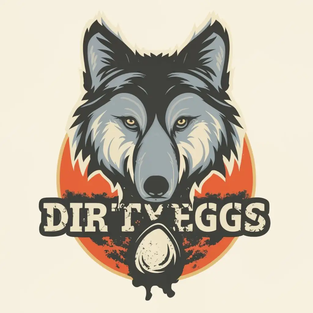 logo, wolf, with the text "Dirty eggs", typography
