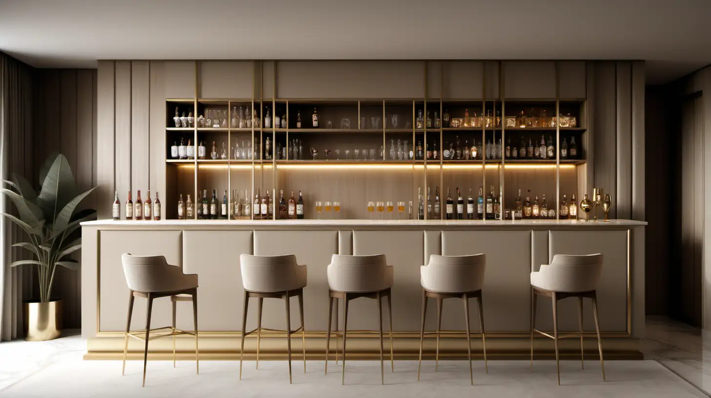 Grand minimalist home bar; beige; oak; brass colour palette; 

