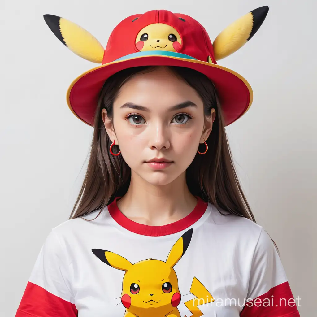 DarkHaired Individual with Pikachu in Feathered Hat Against Photo Wall