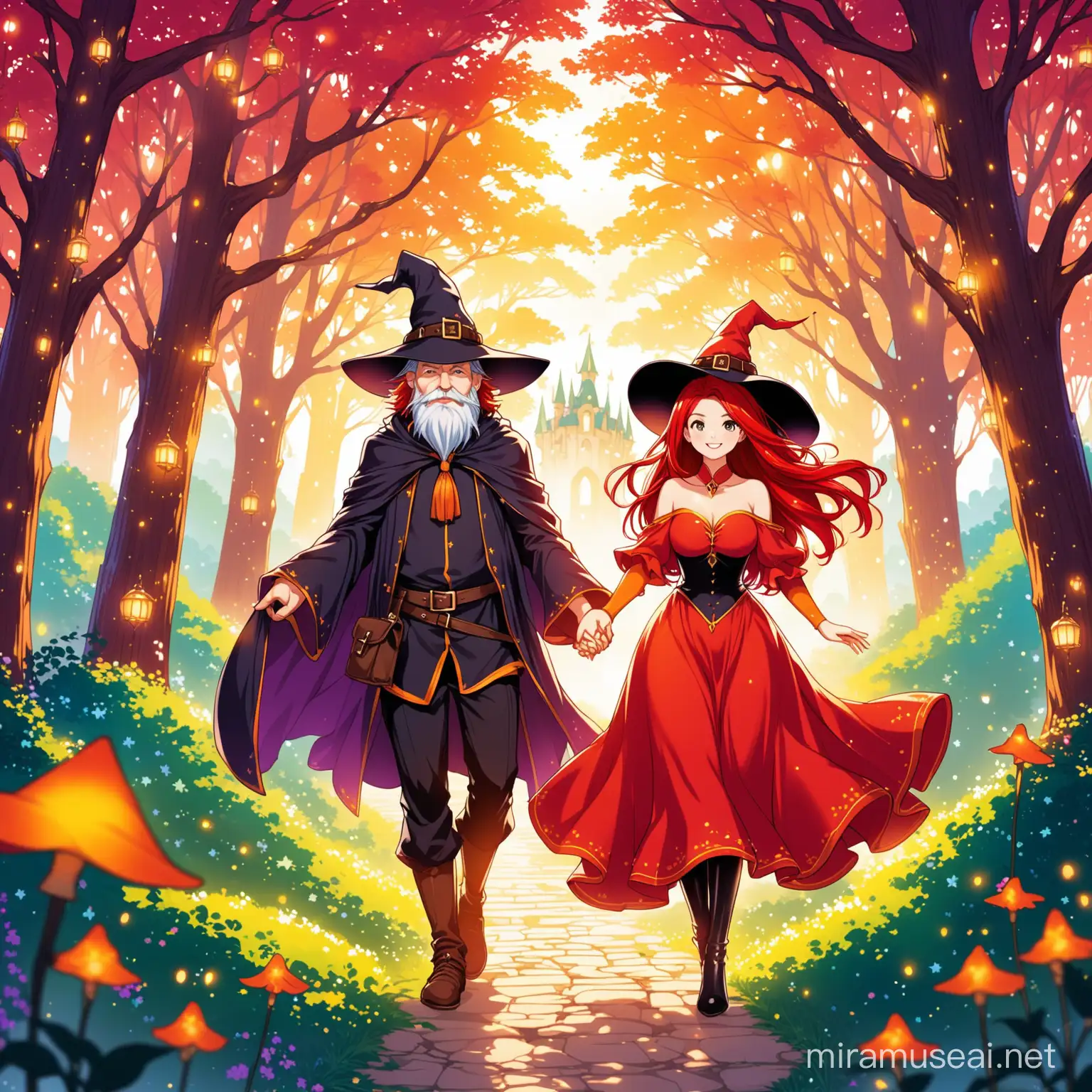a bright red-haired witch and a wizard in an enchanting setting