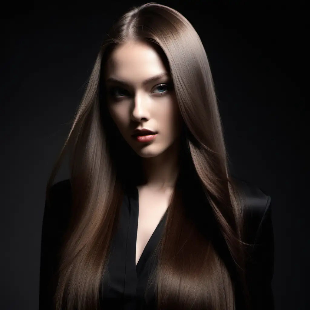 Elegant Runway Model with Luxurious Long Hair on Black Background