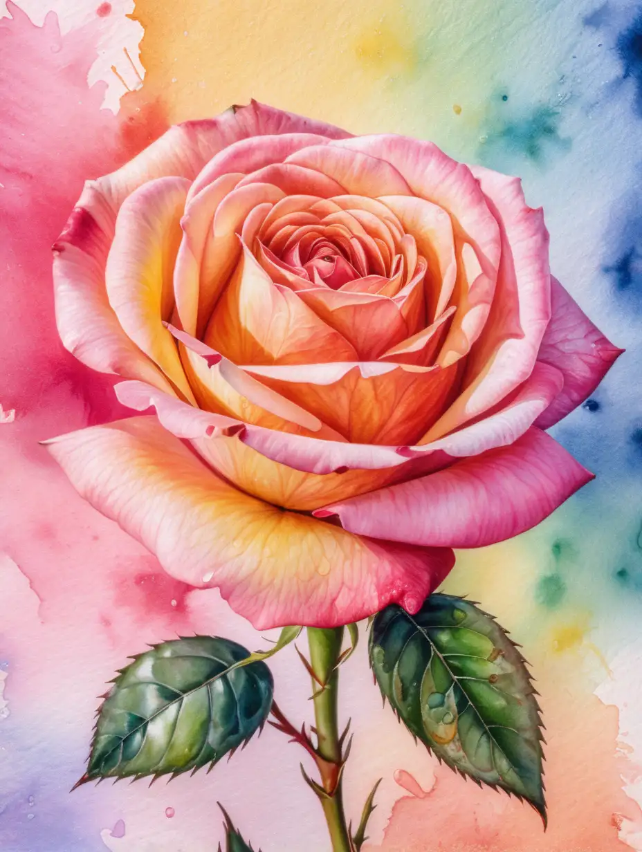 en ros i närbild med färggrann bakgrund i vattenfärg
