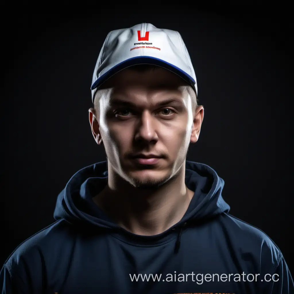 Фото русского сотрудника на сайт на темном фоне, он по профессии электрик, на голове одета бейсболка