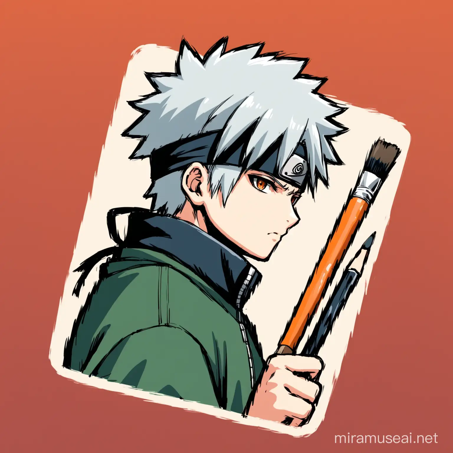 Kakashi hatake from Naruto holding drawing pencils or paint brushes, make it look like a logo for a youtube channel 