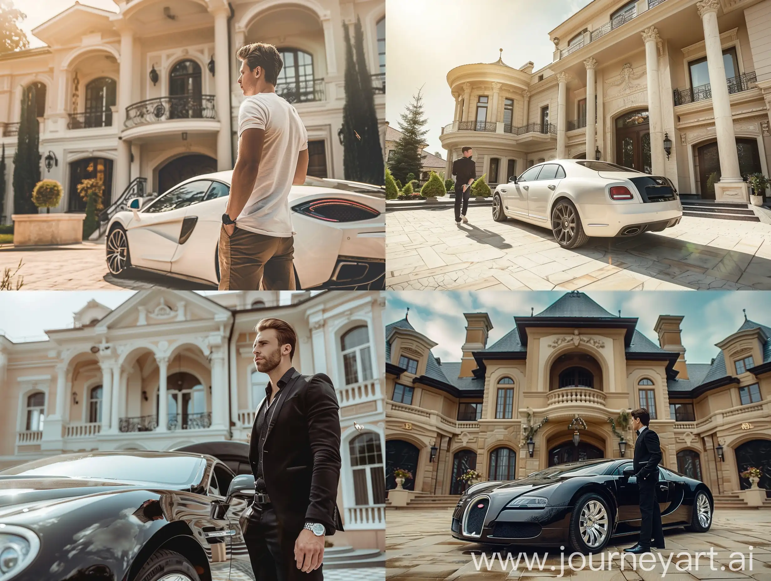a very succesfull guy in his 20s outside his huge mansion about to get in his luxury car