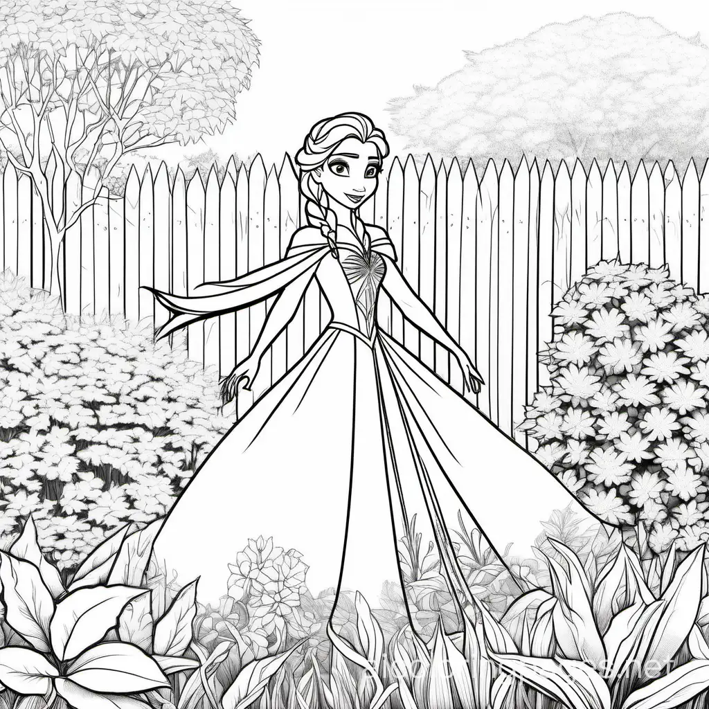 elsa in a garden, Coloring Page, black and white, line art, white background, Simplicity, Ample White Space. The background of the coloring page is plain white to make it easy for young children to color within the lines. The outlines of all the subjects are easy to distinguish, making it simple for kids to color without too much difficulty