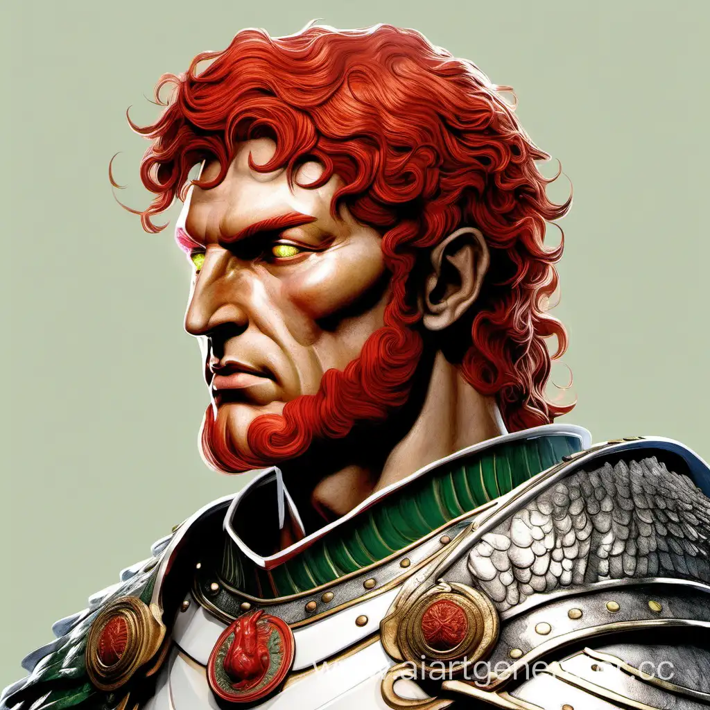 Римский император в белых доспехах с красными волосами и зелёными глазами дракона