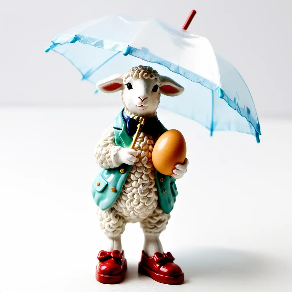 Charming Easter Lamb Figurine with Egg and Umbrella on White Background