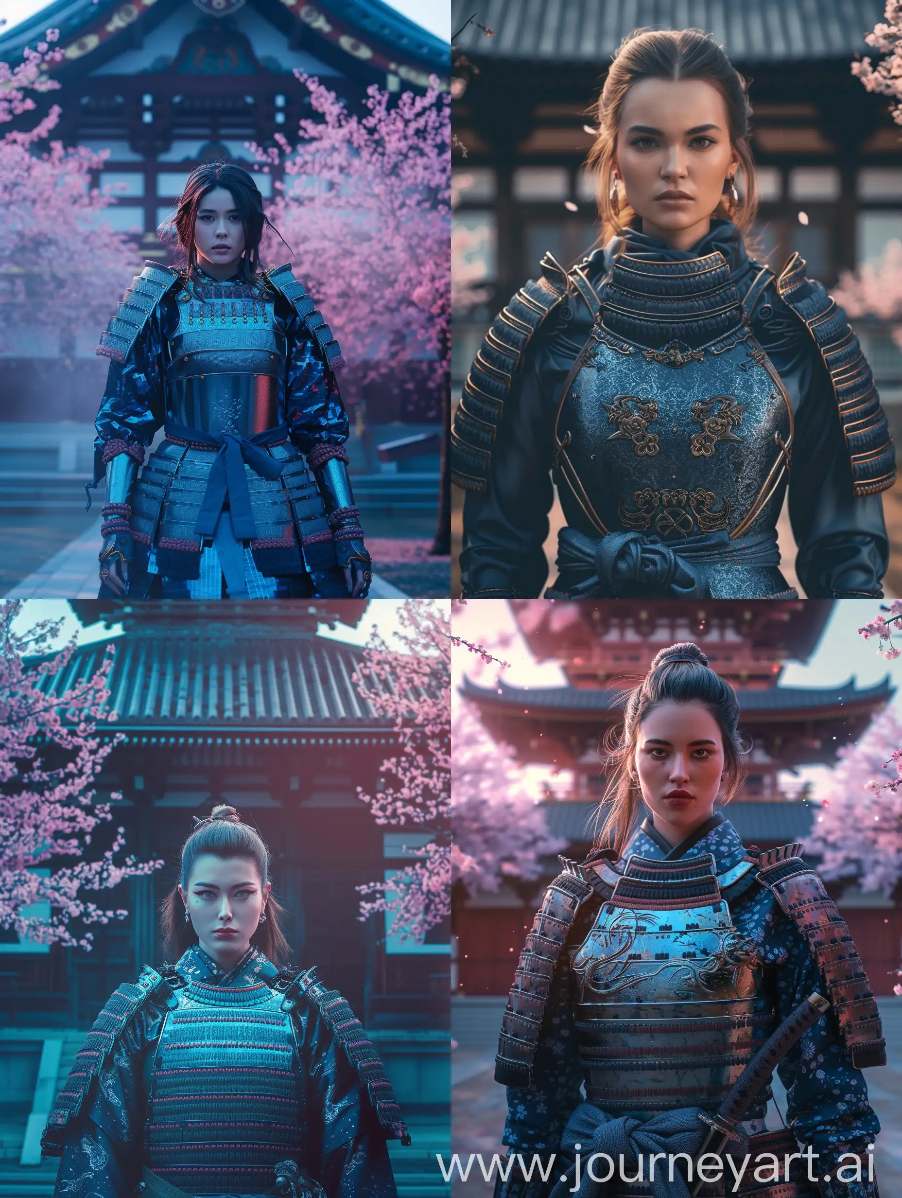 **Character:** A captivating and beautiful female samurai warrior, adorned in a resplendent Blue ō-yoroi armor gleaming with an intense, reflective sheen, exuding elegance and strength.
**Environment:** The majestic setting of a Japanese Temple, steeped in tradition and serenity, with blooming cherry blossom trees adding a touch of pink Studio
**Background:** A Front View of a Symmetrical Japanese Temple, its intricate architecture providing a harmonious backdrop to the scene Studio
**Style:** An opulent Blue ō-yoroi Fashion Editorial, blending the timeless essence of the Samurai with contemporary flair.
**Photography Type:** Cinematic Fashion Editorial, capturing the essence of the Blue ō-yoroi Samurai Warrior in a visually compelling manner.
**Theme:** A Fashion Editorial Campaign celebrating the Blue ō-yoroi Samurai Warrior, showcasing the fusion of tradition and modernity.
**Visual Filters:** Enhanced with a Fashion Film Look-Up Table (LUT), adding depth and richness to the visual narrative.
**Camera Effects:** Enriched with subtle and Camera Haze effects,Cinematic Film Lut
**Time:** Evening imbuing the scene with a serene and enchanting ambiance.
**Resolution:** Captured in High resolution, ensuring every intricate detail is meticulously preserved.
**Key Element:** The Blue ō-yoroi technical textile, a focal point of the ensemble, adorned with exquisite craftsmanship and detailing.
**Details:** Rich and intricate details adorn the technical textile of the Blue ō-yoroi armor, its reflective surface capturing and refracting the surrounding light, enhancing the warrior's presence and adding depth to the visual narrative.