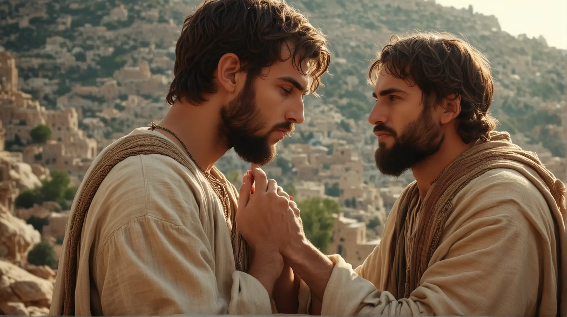 young apostle Paul and Christ in love both about 24 years old, bible history, biblical Jerusalem landscape vivid uhd 8k very atmospheric Cannon professional photography apostle fashion model showing affection to each other extremely photorealistic high detailed sharp focus intricate romantic cinematic