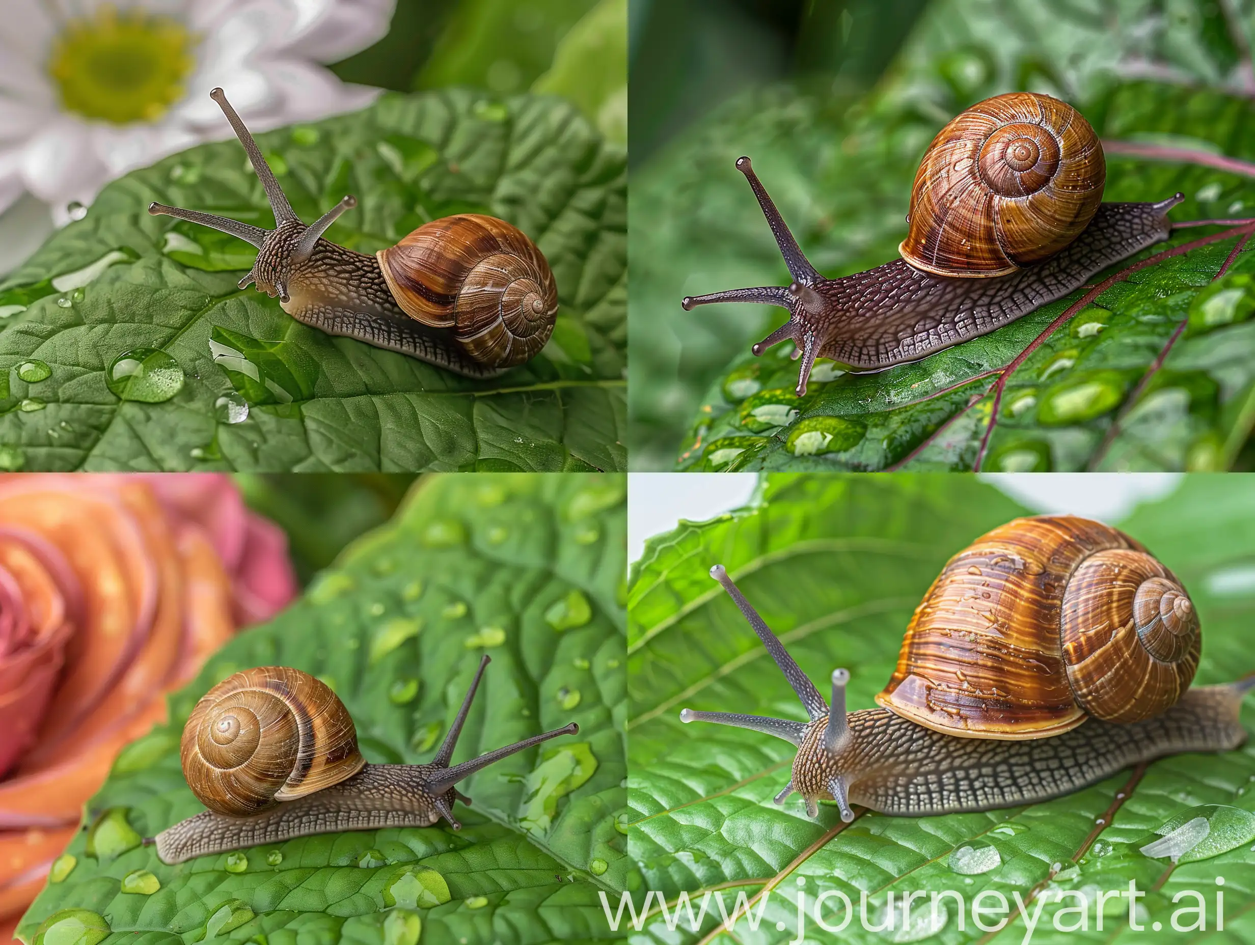Small brown snail on green leaf, snail crawling on leaf, abstract drops of water on flower leaf, Africa, Thailand, Animal, Animal Shell, Animal Wildlife --v 6 --ar 4:3 --no 89289