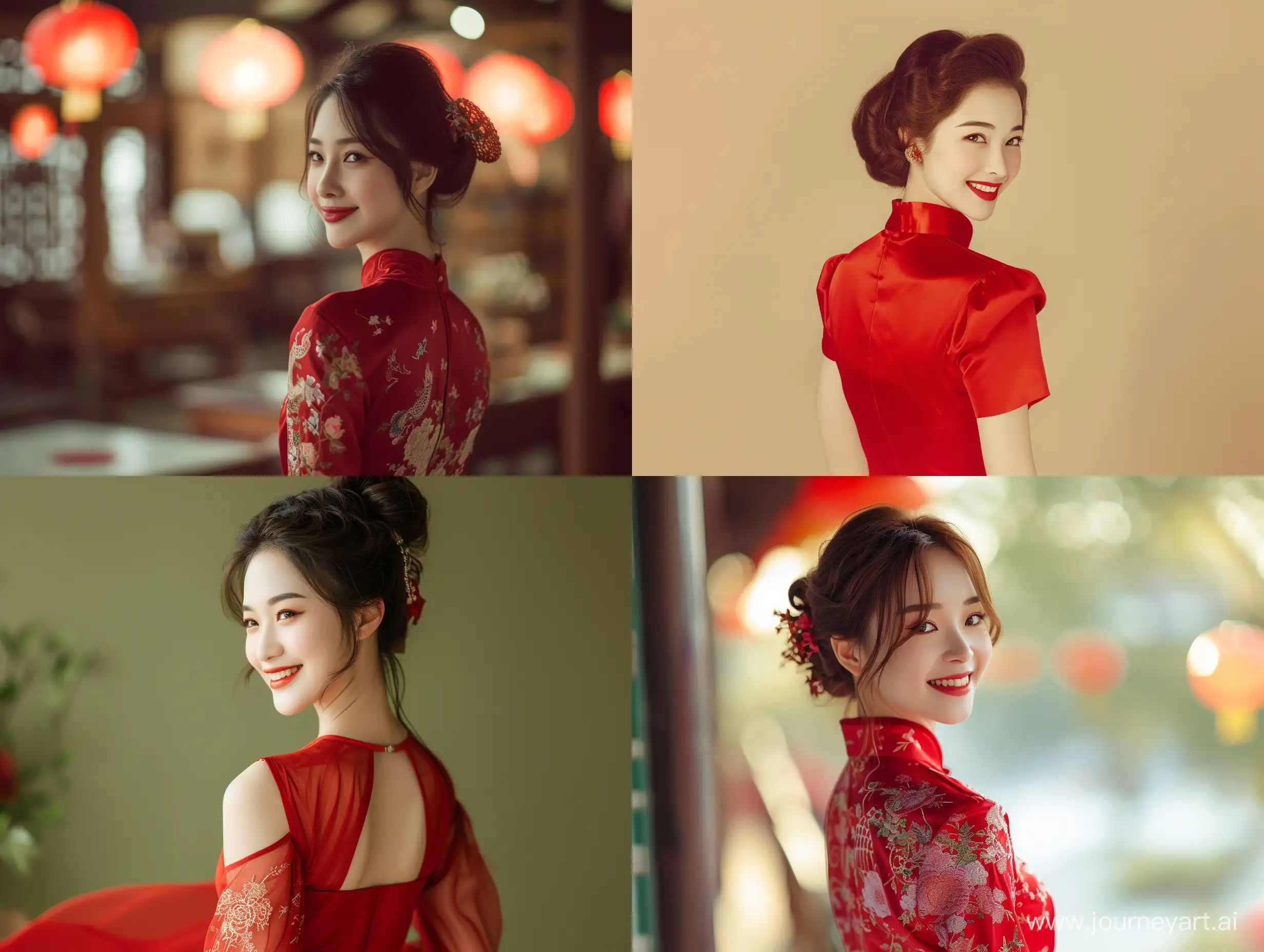 A full-length view of a beauty girl in a red QiPao casting a smiling glance over her shoulder.