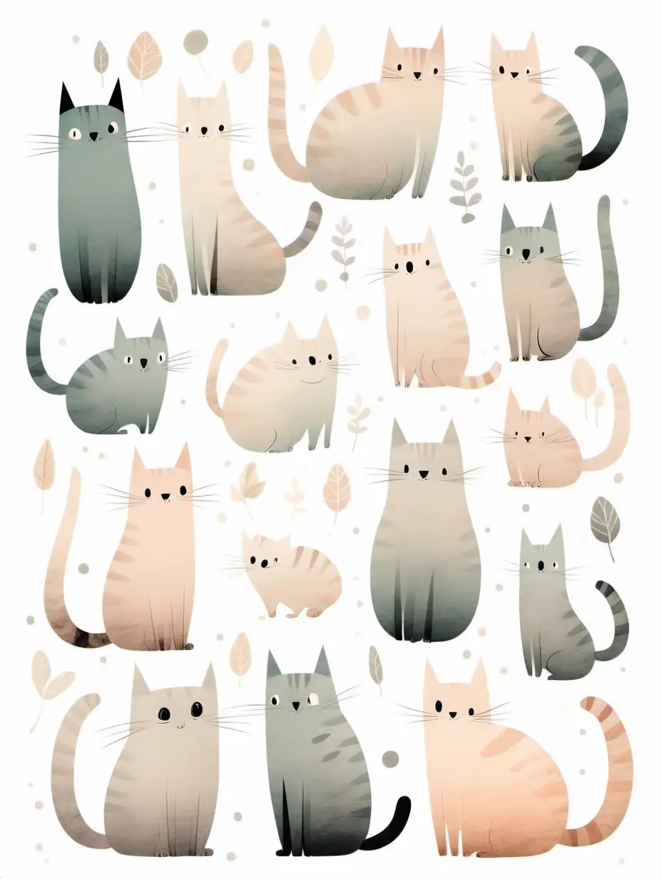 A cute cat clipart, organic forms, in the style of Jon Klassen, desaturated light and airy pastel color palette, nursery art, white background 
