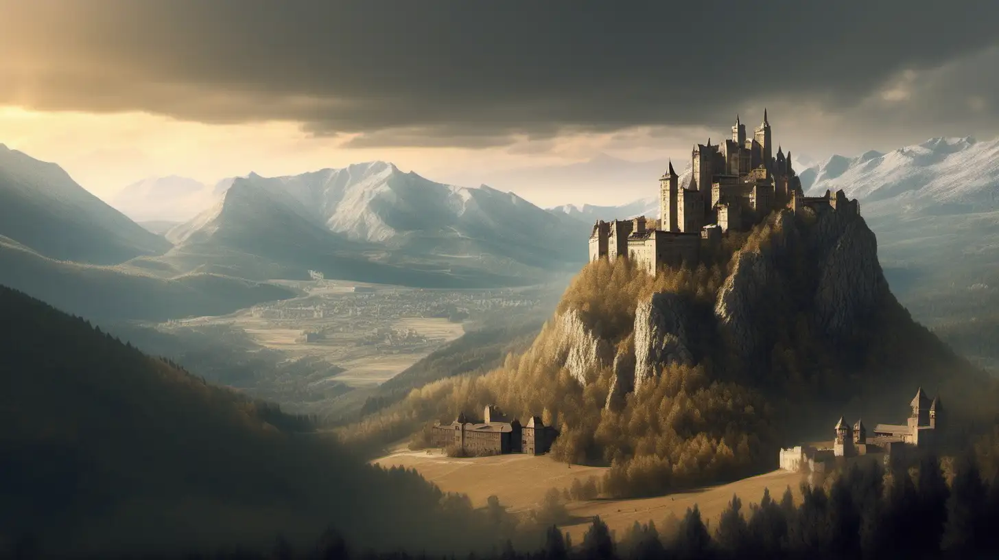 epic landscape of wild mountains and hills with massive castle on the mountain in the top left