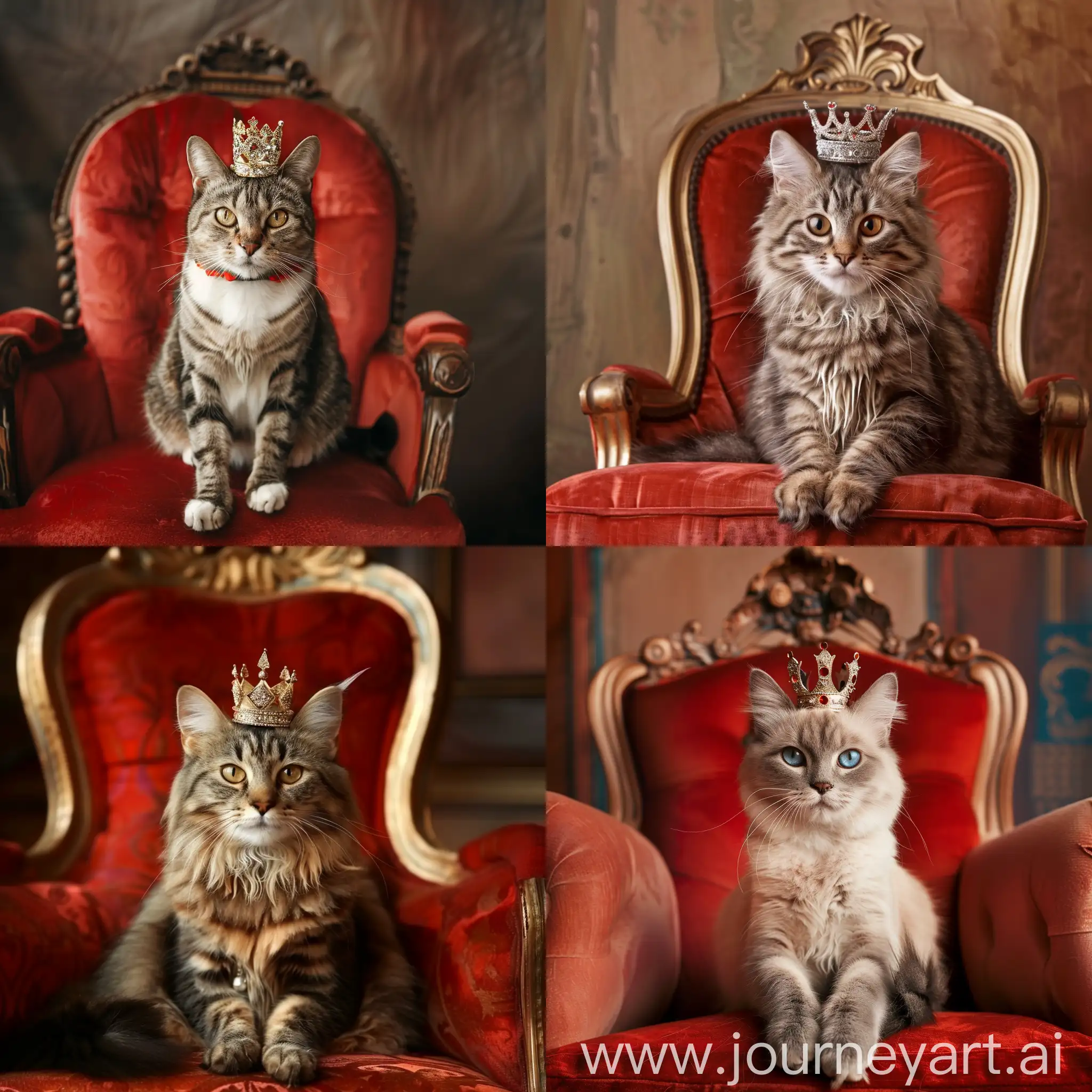 一只带着皇冠的可爱的猫咪坐在一张红色欧洲贵族椅子上
