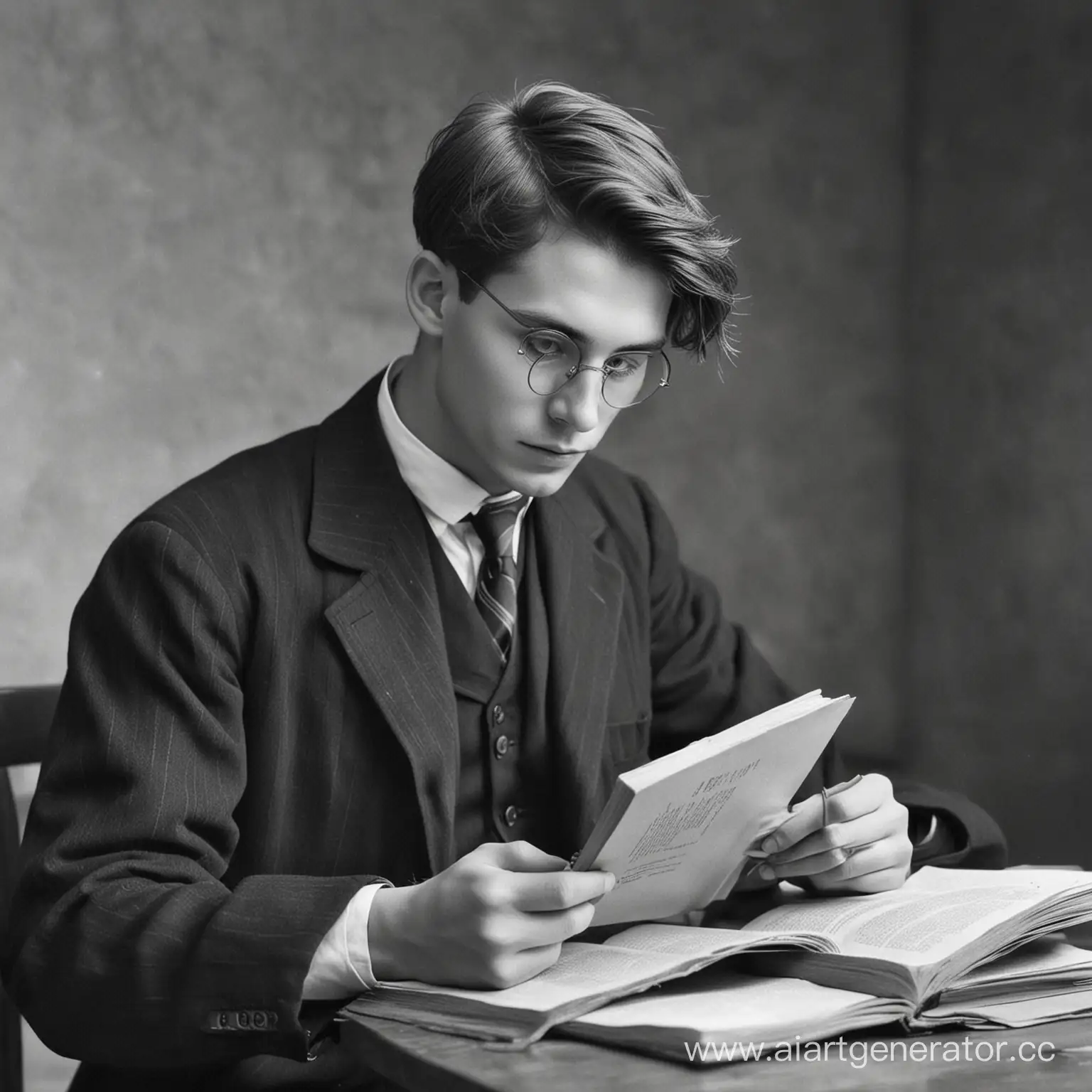 Young-Man-in-1920s-Attire-Reading-a-Book-in-Monochrome