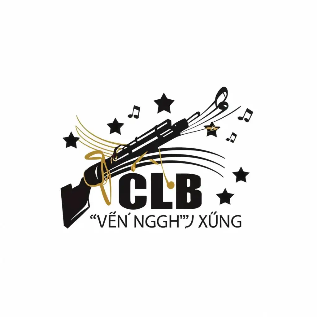 logo, music notes, rifle, stars, micro, with the text "CLB VĂN NGHỆ XUNG", typography, be used in Education industry