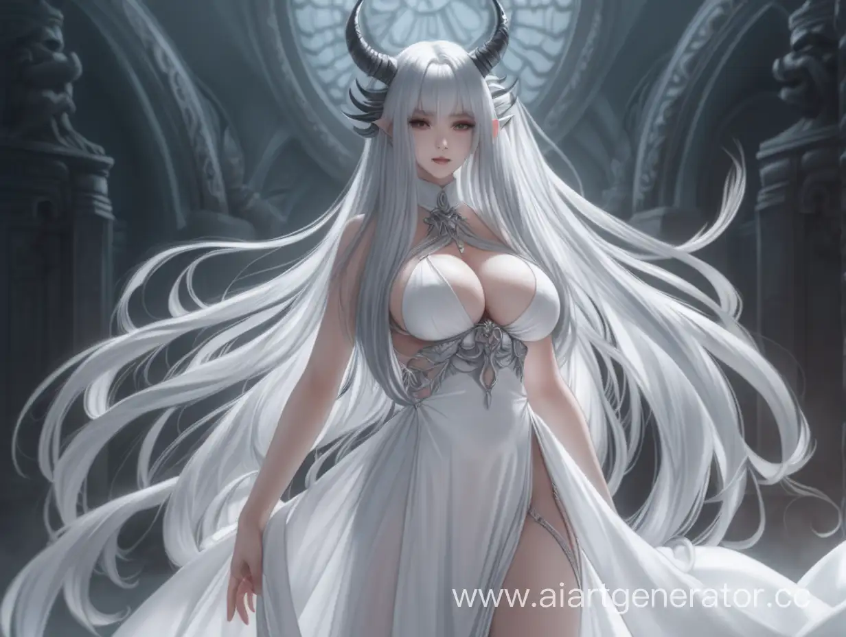 A girl with long silver hair, a demon with big breasts in a full-length white dress