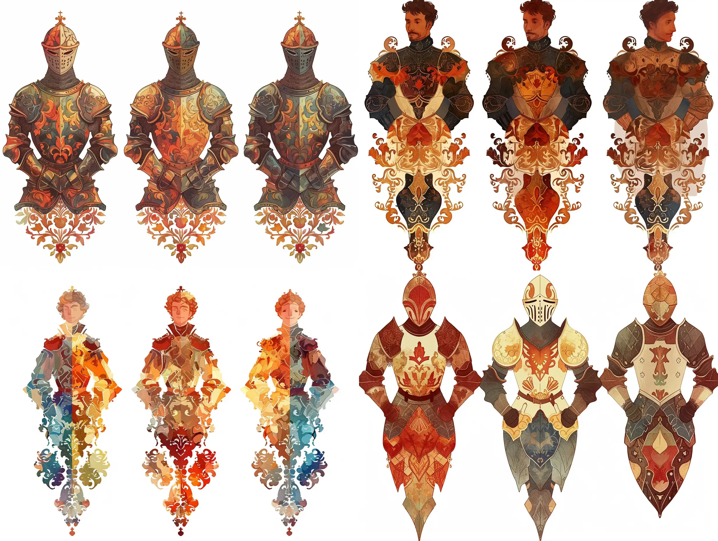 Three variants of the ornamental waist portrait of the ancient court knight of Austria, reflected vertically, stylized caricature, warm shades prevail, on a white background, vector, Victor Ngai style, watercolor, decorative, flat drawing