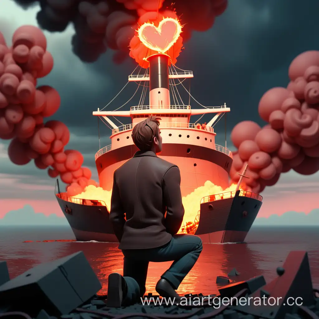 парень на коленях, разбитое сердце, небо в огне, корабль идëт ко дну, кинематографично.