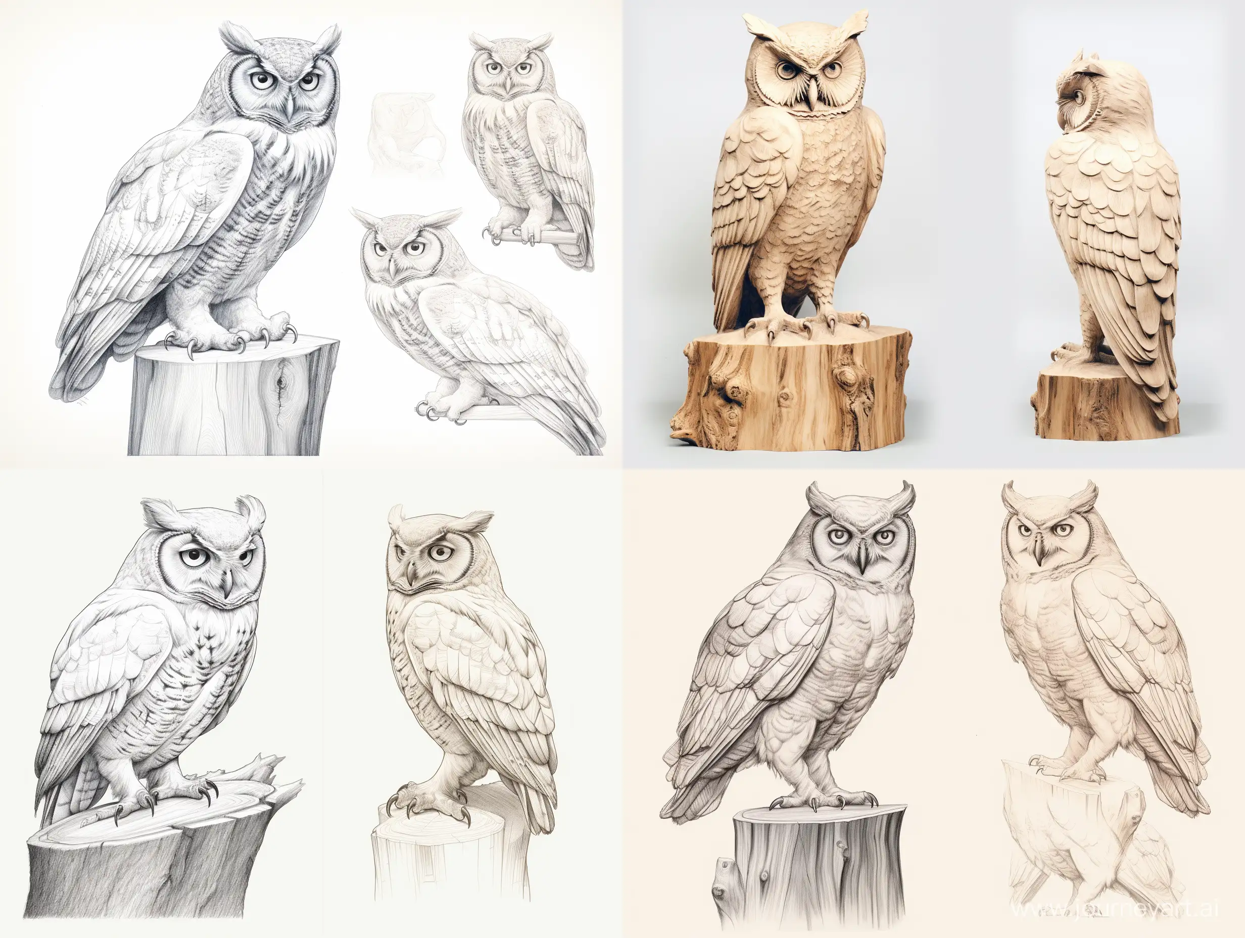 Professional wood carving sketch, life size owl sitting on a large wooden cube, concept art, professional dynamic character, front, back and side view, wood carving, ready for battle 3d, white background, 8k render, ultra realistic