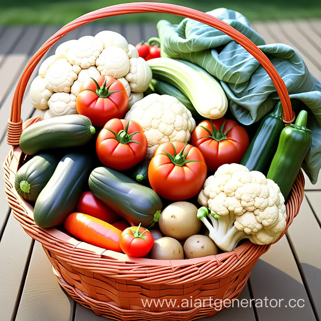 西红柿、黄瓜、辣椒、胡萝卜、土豆、白菜、花菜在篮子里