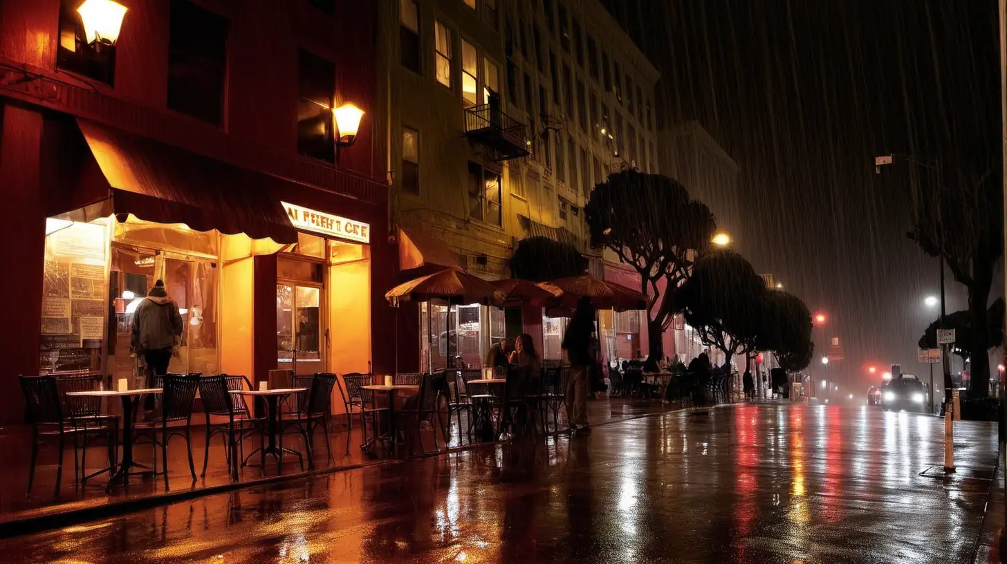 SAN FRANCISCO STREET CAFE. RAINING , NIGHT
