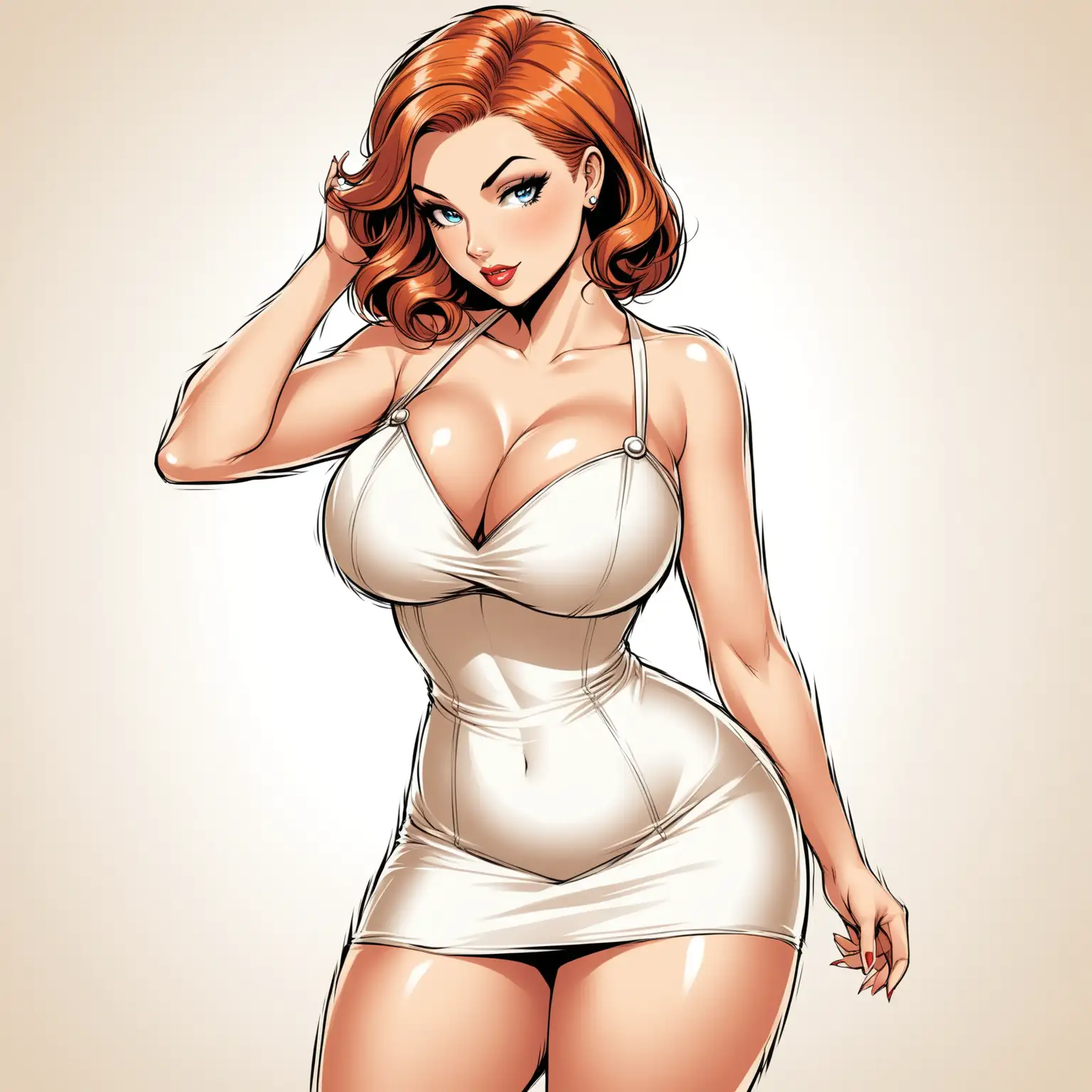 dans un style bande dessinée :
une femme élégante au trait de la pin up melissa debling qui porte un robe courte blanche avec un décolleté en v qui montre ses formes.
sur un fond blanc.