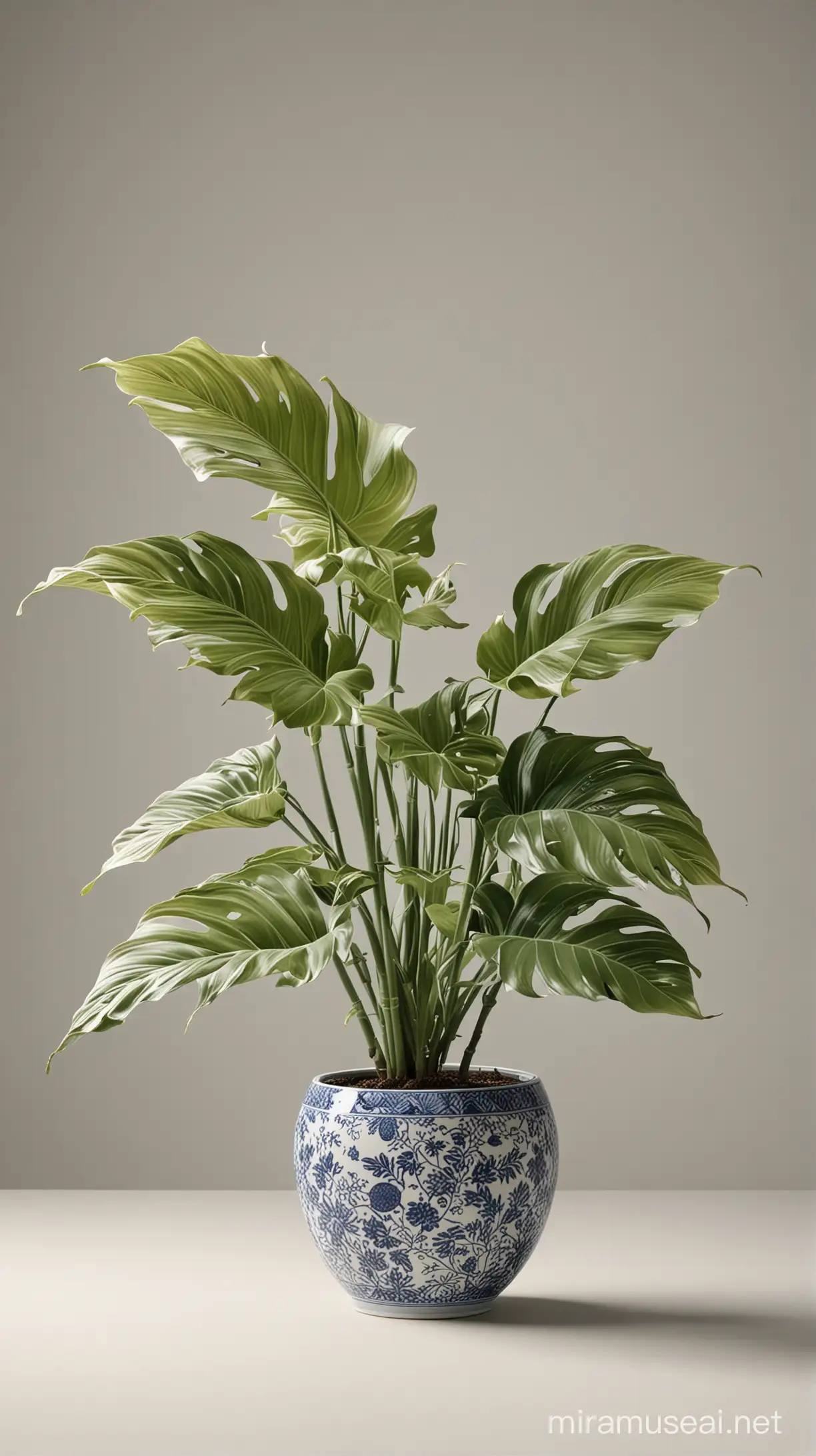 Object: A porcelain Philodendron Birkin, where each leaf is meticulously crafted to resemble a work of art, capturing the essence of light, texture, and symmetry.
Environment: Set within a serene Studio Bonsai garden.
Background: Against a minimalist Studio Wall backdrop.
Photography Type: Fashion Editorial, accentuating the porcelain plant's exquisite leaf details.
Theme: Inspired by Japanese Porcelain Arita and Imari artistry.
Visual Filters: Cinematic Fashion filters for enhanced allure.
Camera Effects: Subtle haze, warm Film LUT, and gentle blur.
Resolution: High-resolution imagery for pristine detail.
Key Element: The porcelain plant's intricately sculpted leaves stand as a testament to fine artistry.
Details: Each porcelain leaf exhibits the delicate craftsmanship, with glossy finishes and intricate vein patterns reminiscent of traditional porcelain art.