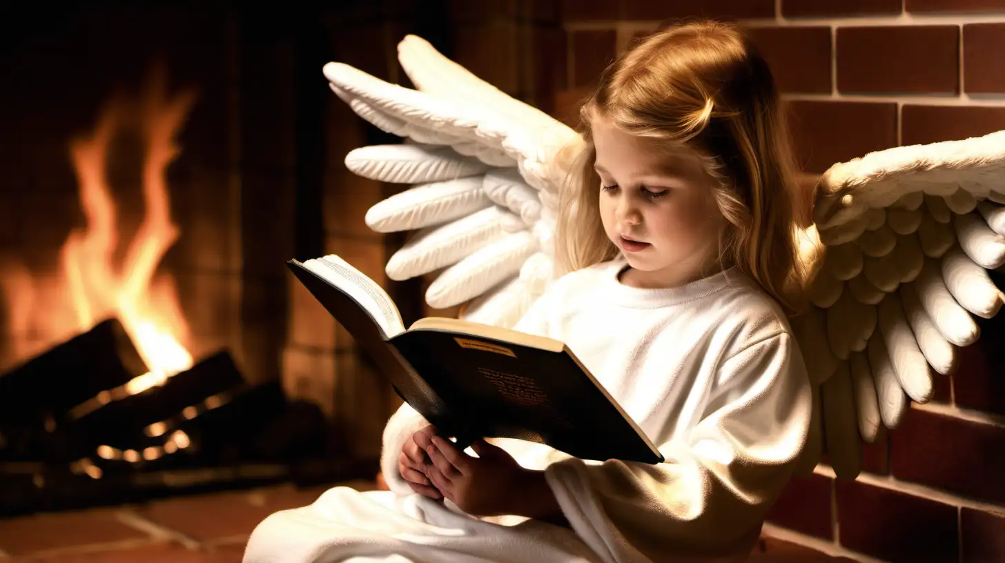 Angel reading Bible by the fireplace 