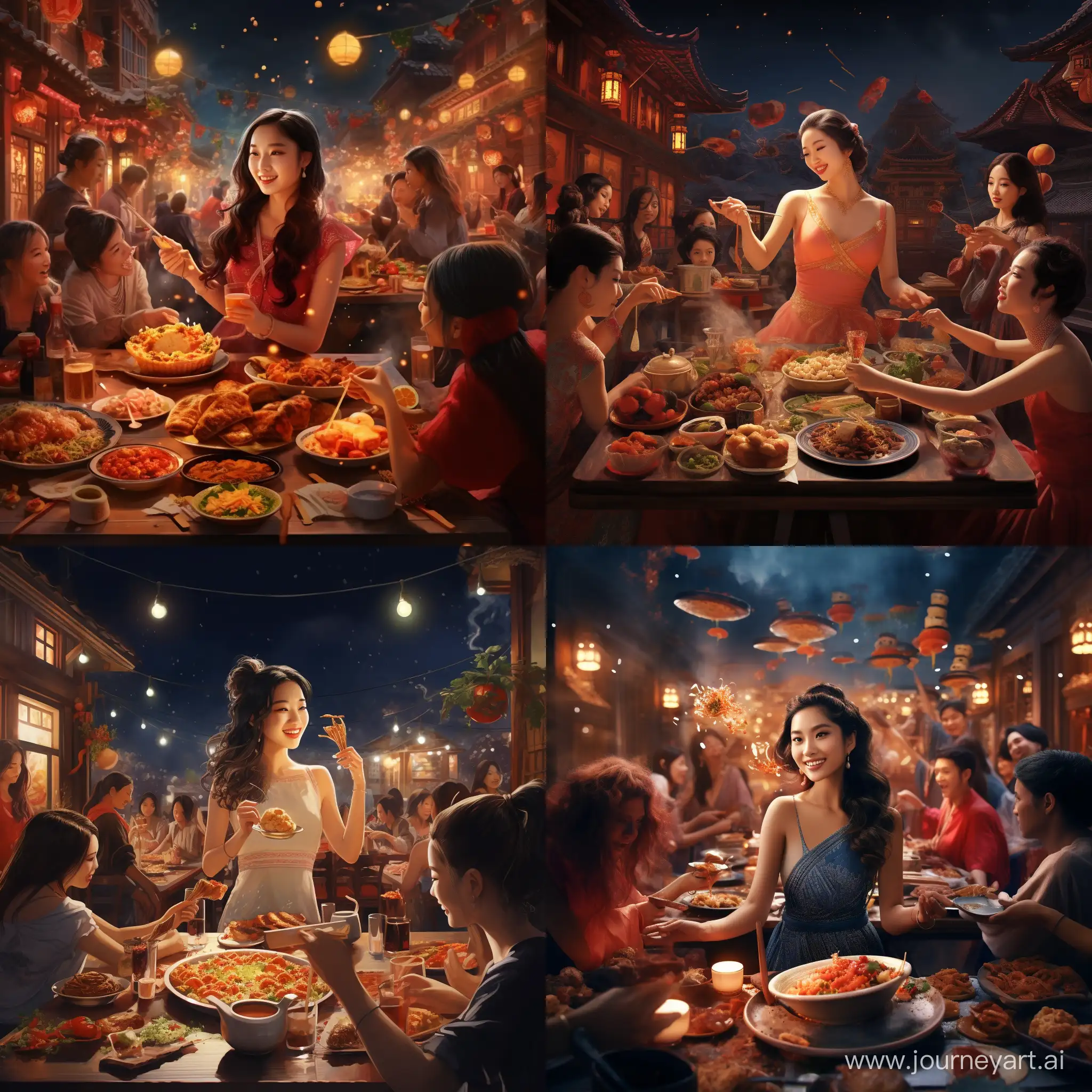 Vibrant-Chinese-New-Year-Celebration-with-Stunning-Women-and-Delectable-Cuisine-under-the-Moonlit-Sky