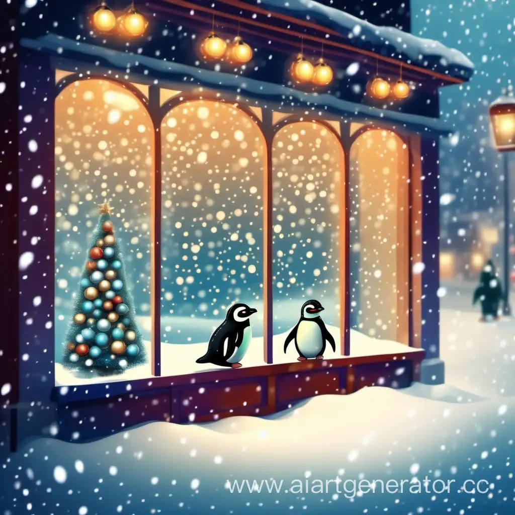 Маленький пингвин смотрит на витрину, за витриной ёлка, ёлка украшена игрушками в виде рыбок, витрина украшена к рождеству, зима, падает снег, реалистично, 