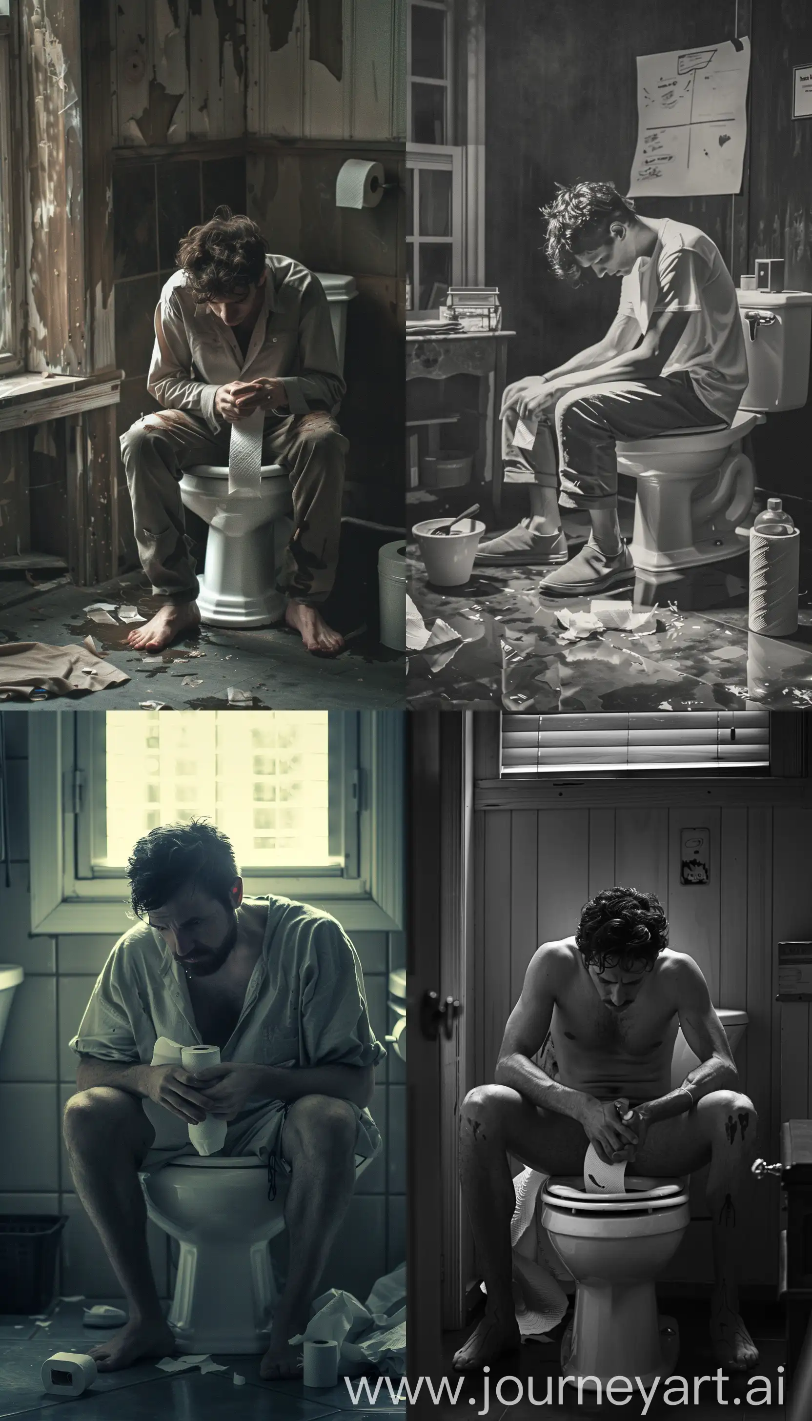 A man sitting on a toilet realizing he is out of toilet paper, style old horror movies, --ar 4:7 --v 6 