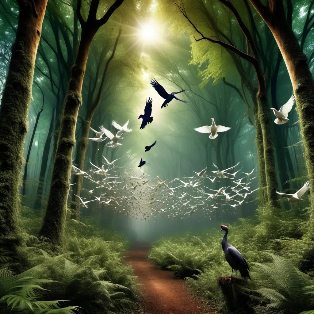 волшебный лес с огромными птицами 