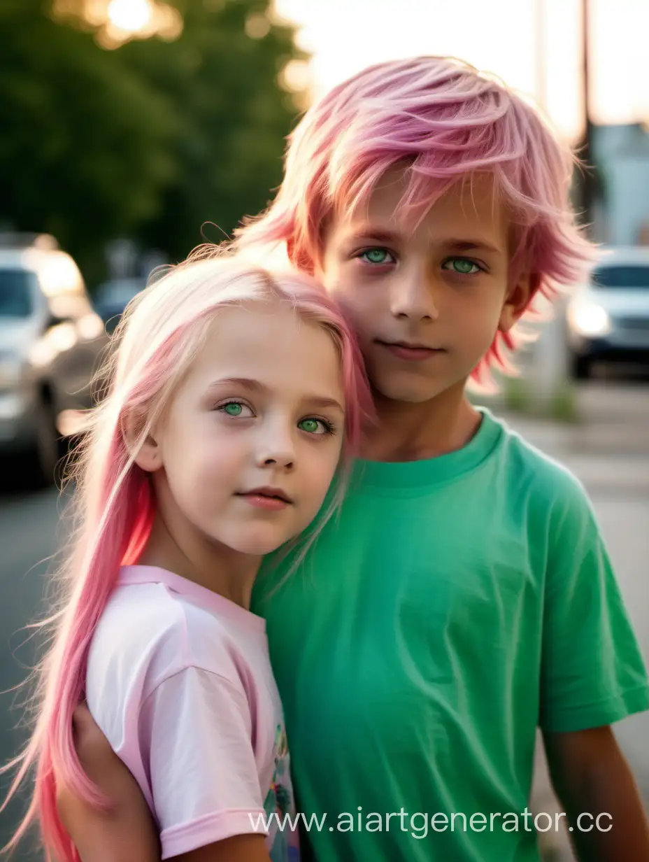 Маленькая девочка бландинка с зелёными глазами с длинными розовыми волосами идёт с красивыми мальчиком с короткой стрижкой домой обнявшись с мальчиком