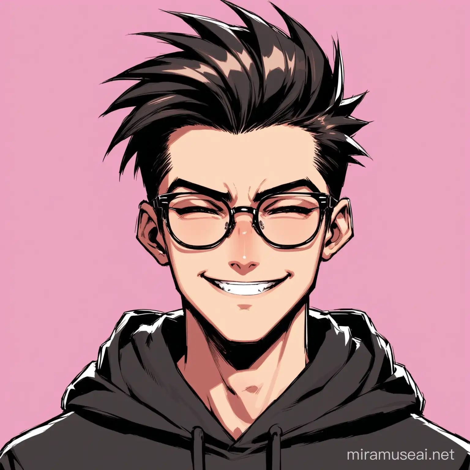 cool,hacker,black hoodie,quiff hairs,aesthetic,glasses,big nose,small mouth,handsome,oblong face shape,psycho smile
