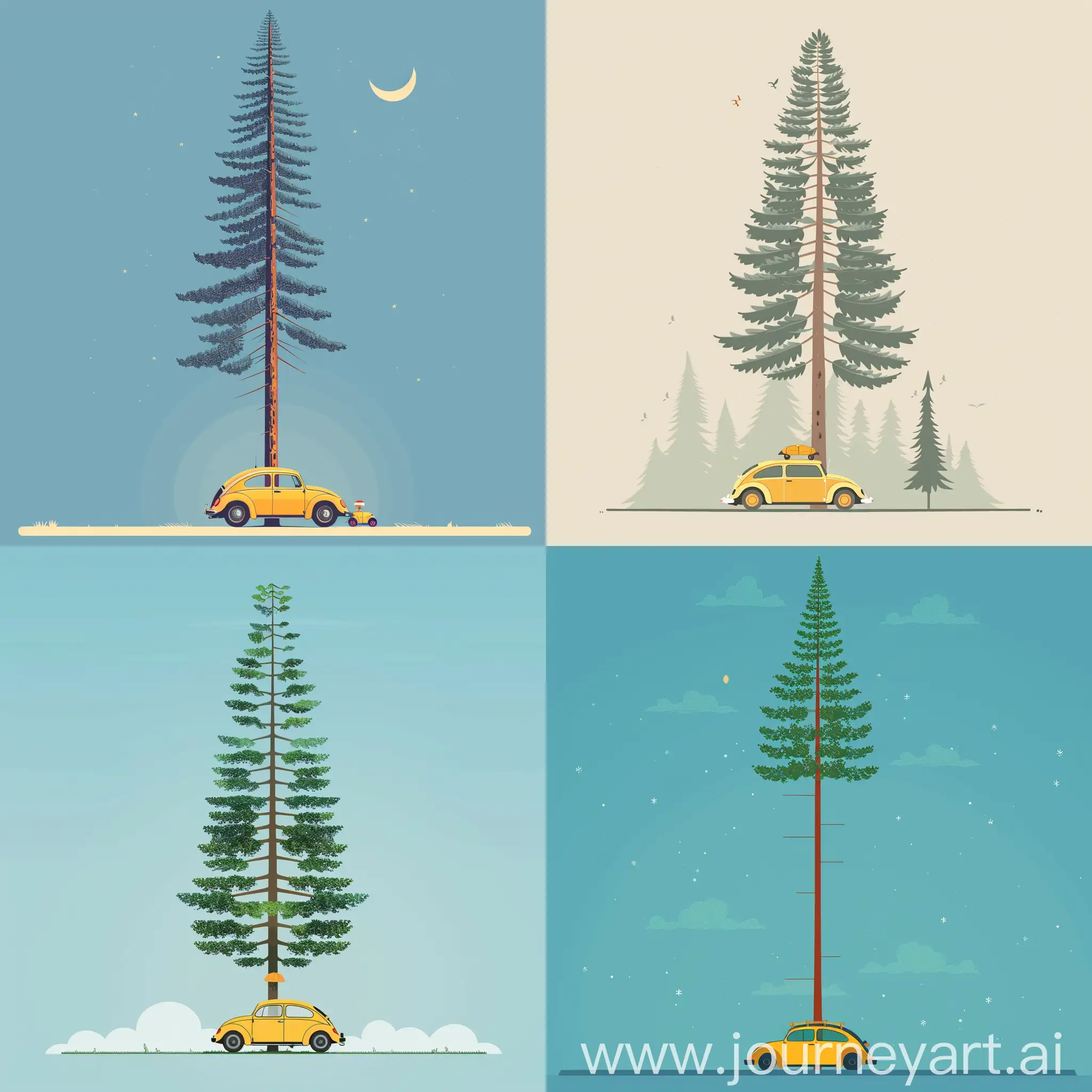  flat illustration of thin and tall tree in the middle, a yellow beetle car under the tree, summer time, Hayao Miyazaki style, high quality details