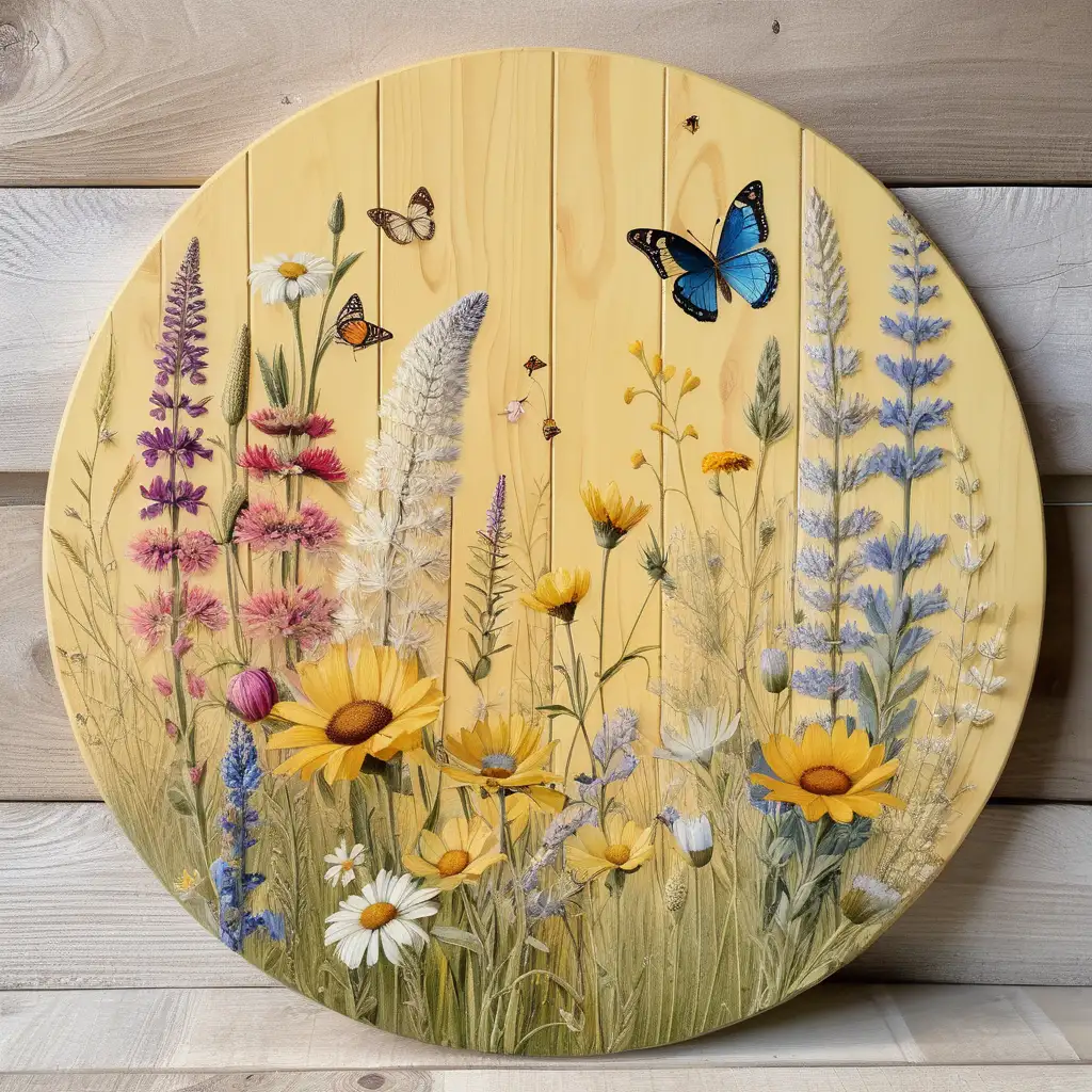 Vibrant Wildflower and Butterfly Scene on Pale Yellow Rustic Wood Canvas