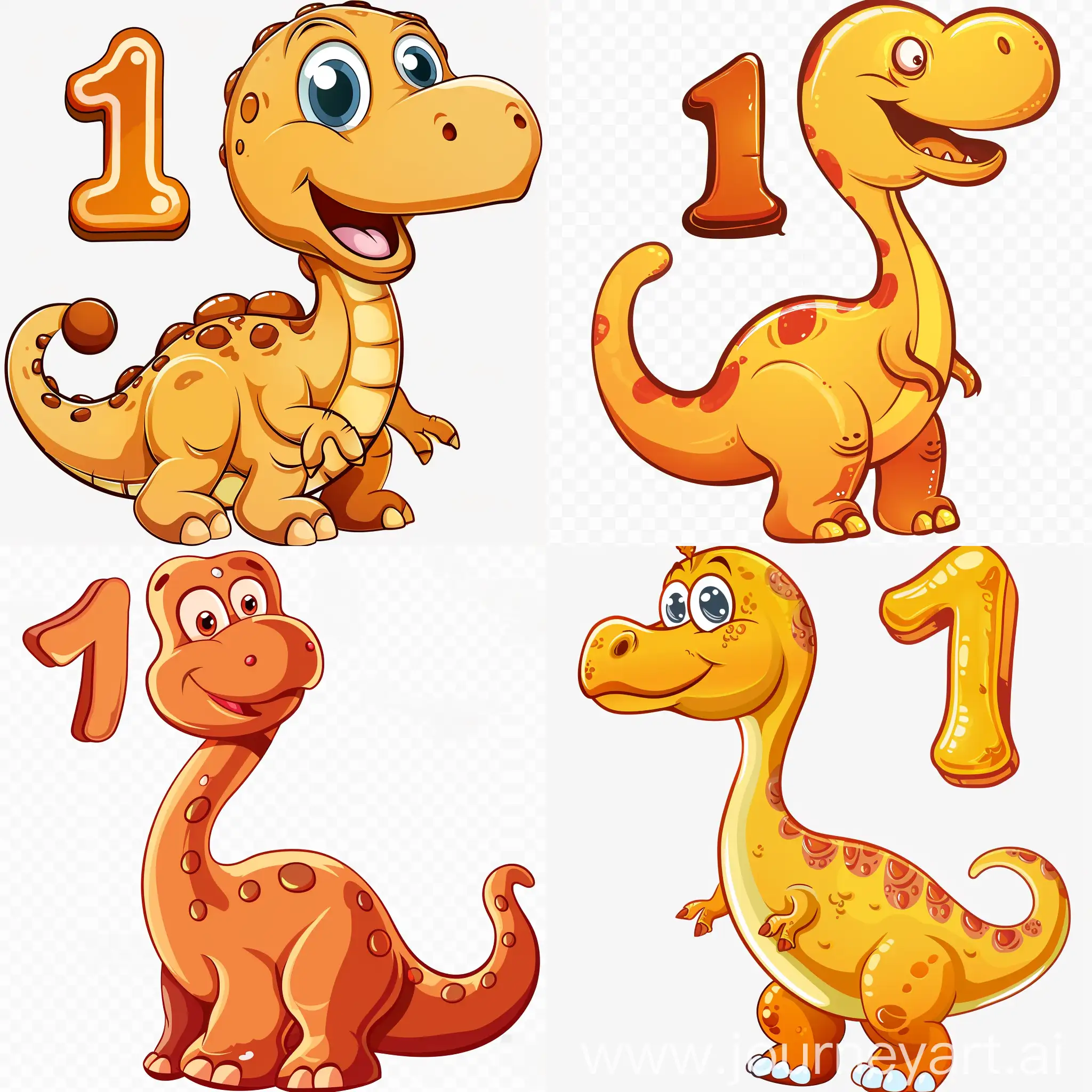 Cartoon, humorous style. Transparent Background. A funny, cute dinosaur with the number one.