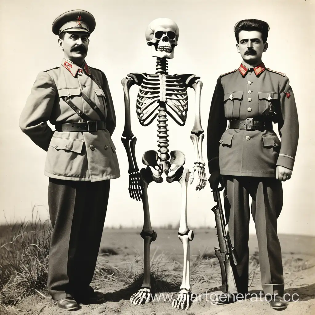 Три человека стоящие рядом, Сталин. И. В, солдат, человек с головой скелета