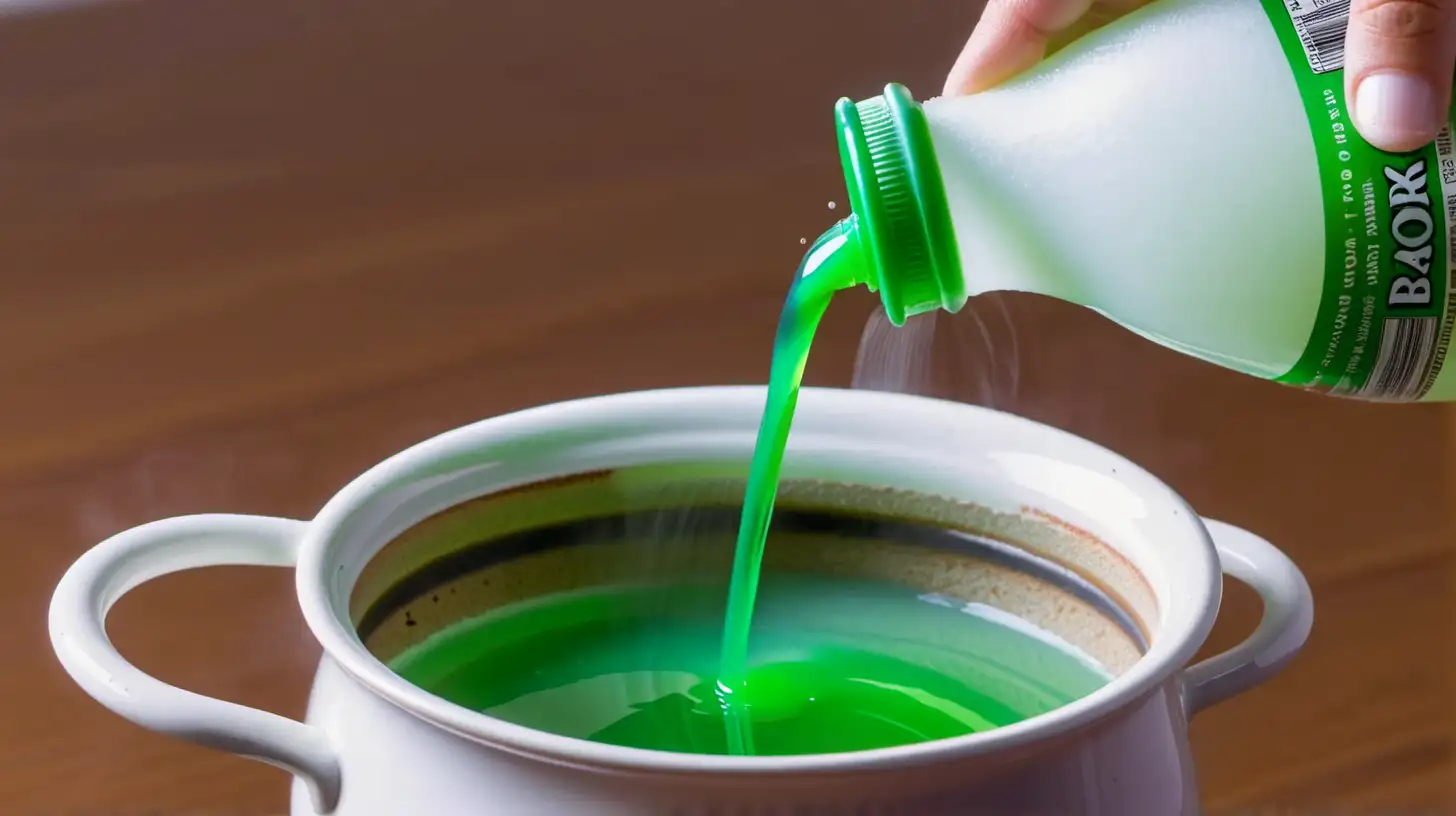 Holding borax bottle pouring down on a boiling pot with green liquid. Close up.