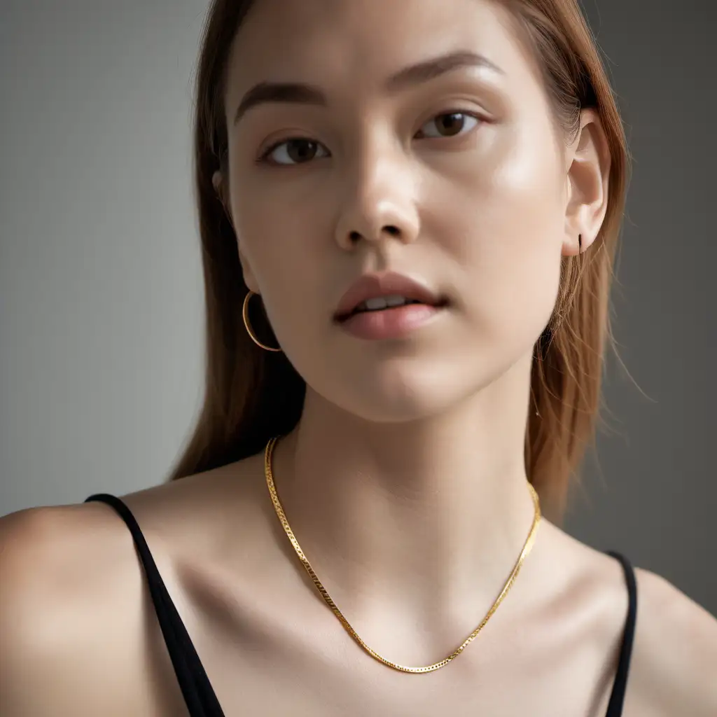 a minimalist gold necklace on a confident beautyfol model, shot with sony a7 III