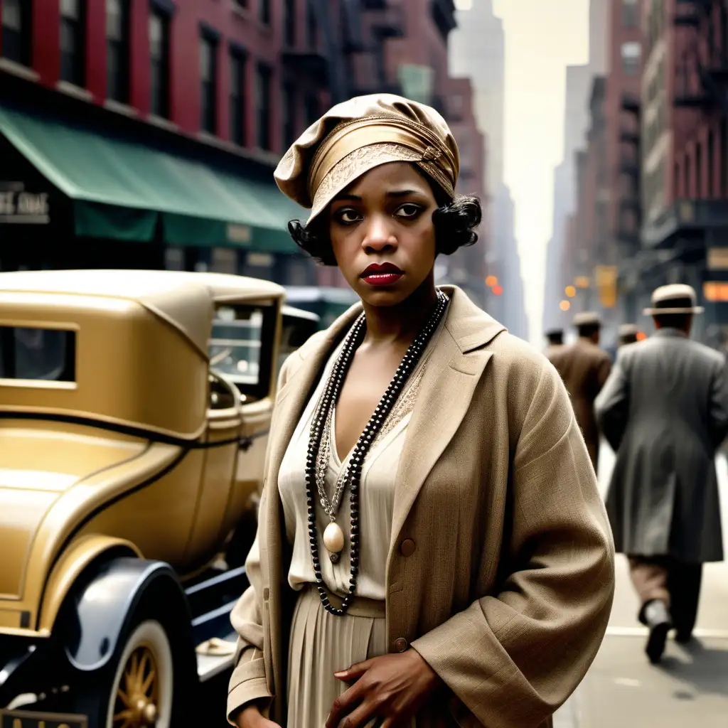 Full colour image. An elegent african american woman dressed in the style of the 1920s. She is poor but well dressed. Her face shows a mixture of worry and determination. In a the background a 1920s new york city street.