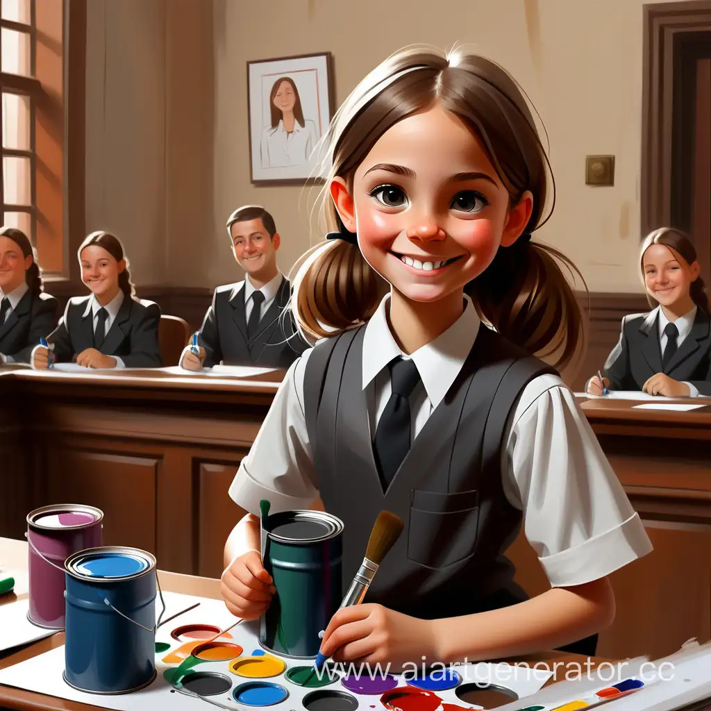 a smiling girl in a lawyer's uniform paints a picture on canvas in the courtroom, there are cans of paints around