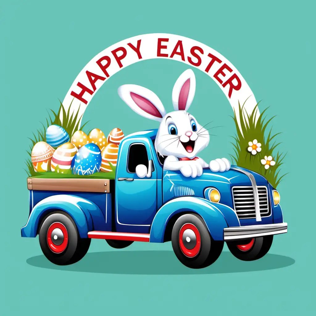 Easter Bunny with Blue Truck in Arched Lettering