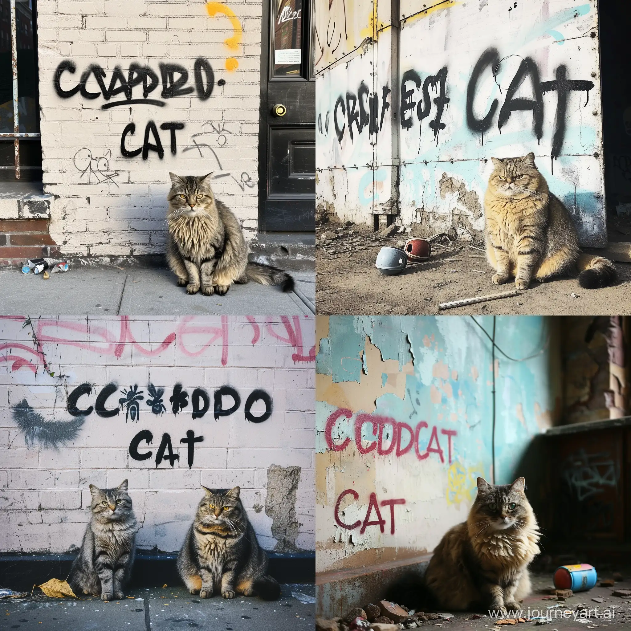 Надпись "Мятый Кот" графити на стене, рядом сидит красивый толстый кот