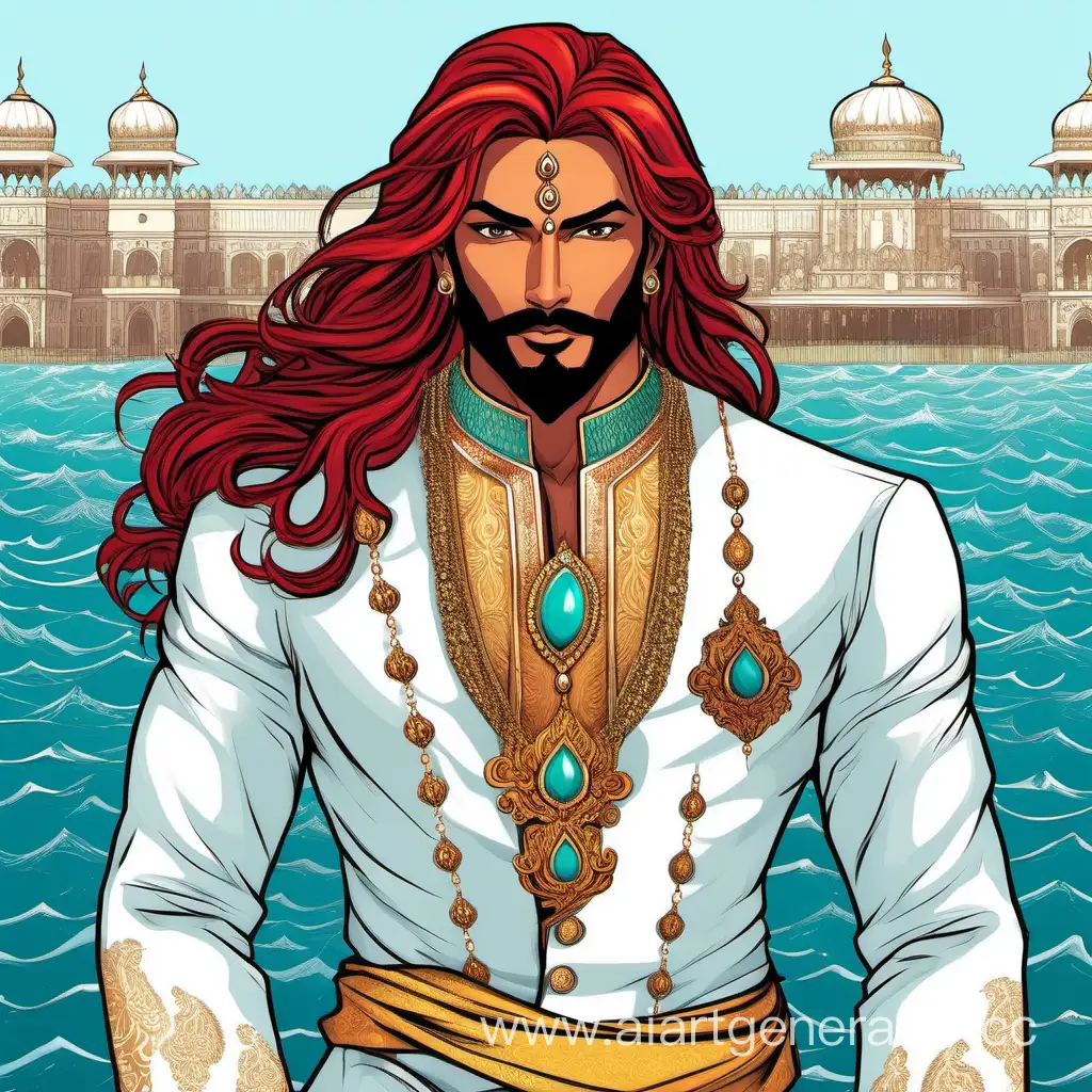 Индийский молодой принц, красивый, длинные алые волосы и бирюзовые глаза, небольшая алая бородка, накаченный, белая ширвани, чёрная туш, золотые украшения, интим, эротика, океан, симметрия, рисунок, комикс, 