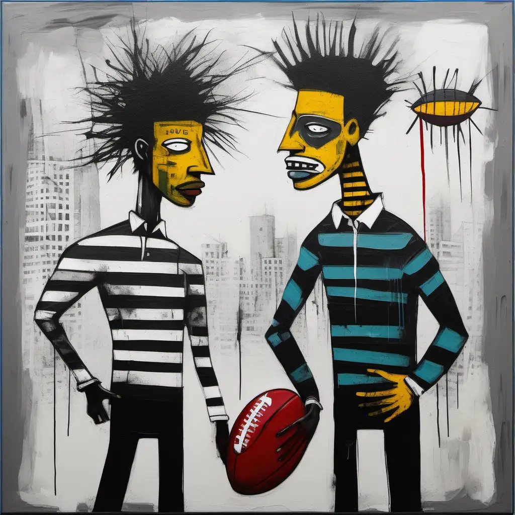 Peinture d'un rugbyman  gentleman et d'un rugbyman voyou avec le ballon  style art moderne inspiré de jean Michel   basquiat 