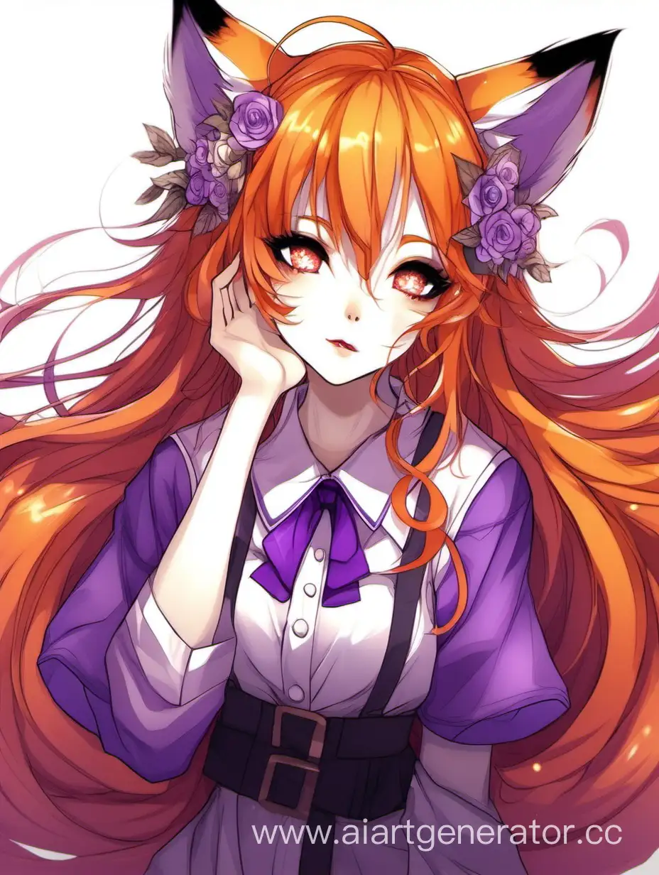 милая девушка лиса с оранжевыми волосами и фиолетовыми глазами и с красивым хвастом девушка